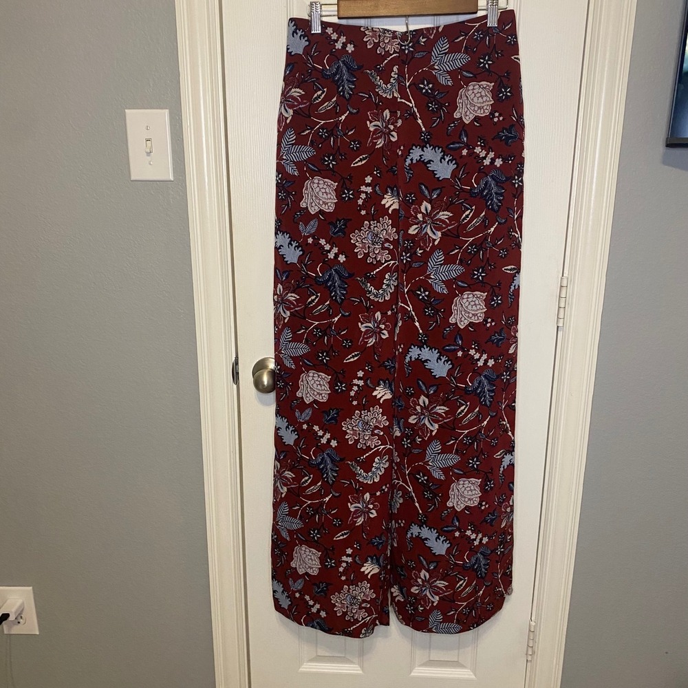 Diane von Furstenberg Burgundy Floral Silk Blend Wide Leg Pants Size 8